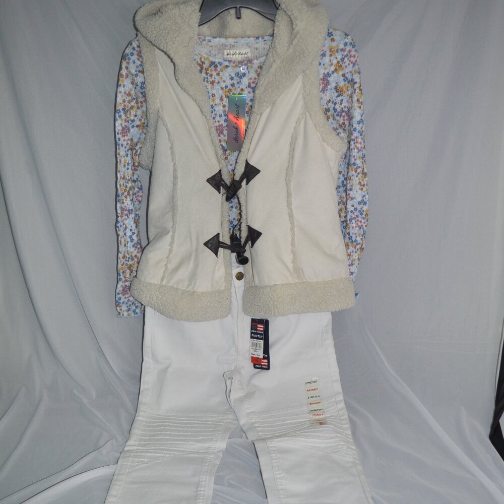 phatfarm jeans girls size 14 with 3 pcs fall set with long sleeve shirt and vest